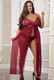 2 Pc Empire Waist Laced Sheer Long Dress and Panty (Option: Mulled Wine)