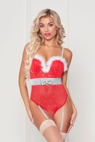 Rhinestone Studded Mesh Teddy With Marabou Trim (Option: Medium  Red)