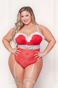 Rhinestone Studded Mesh Teddy With Marabou Trim (Option: 3x/4x  Red)
